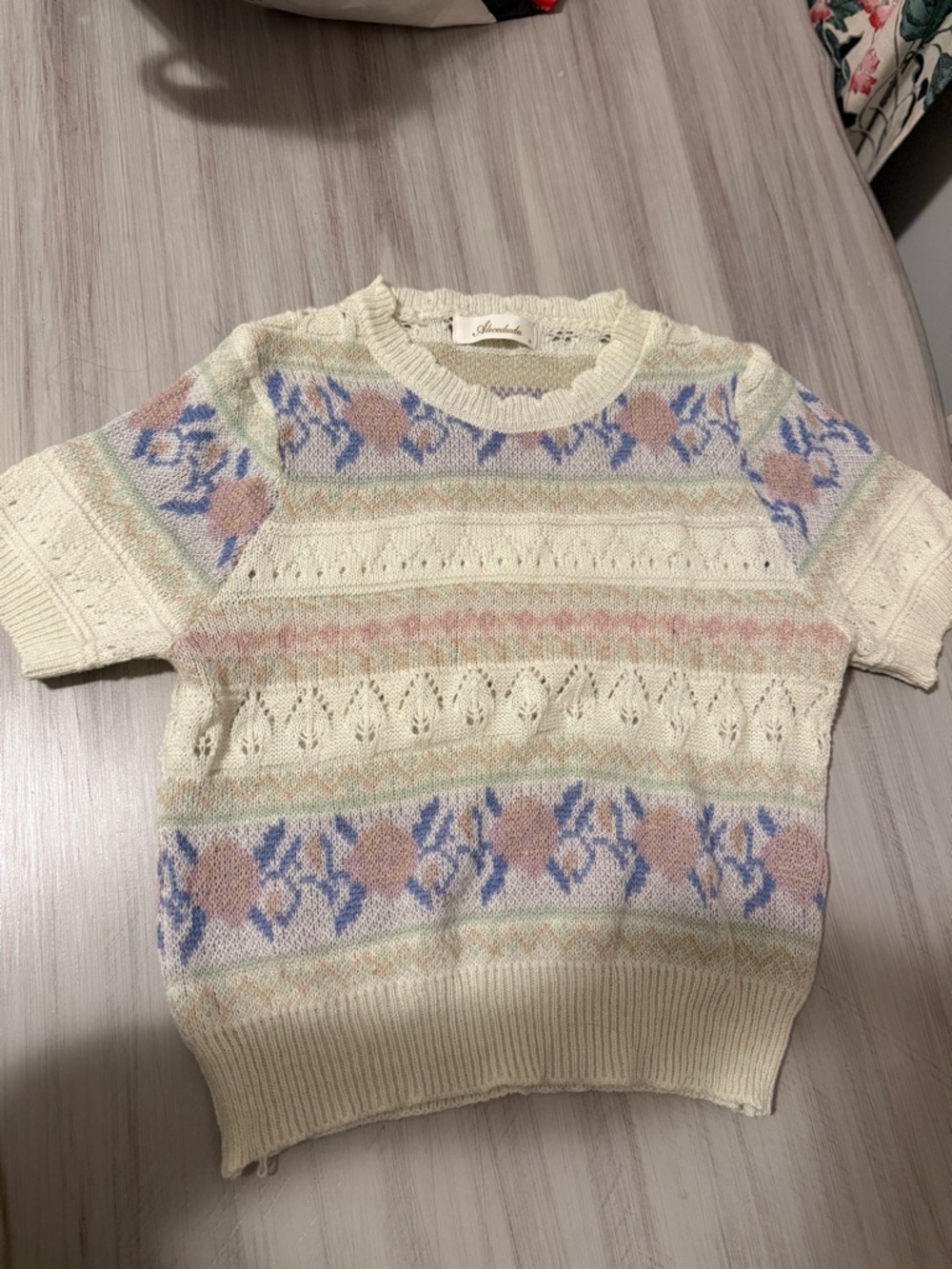 Cream Floral Knit Short Sleeve Sweater